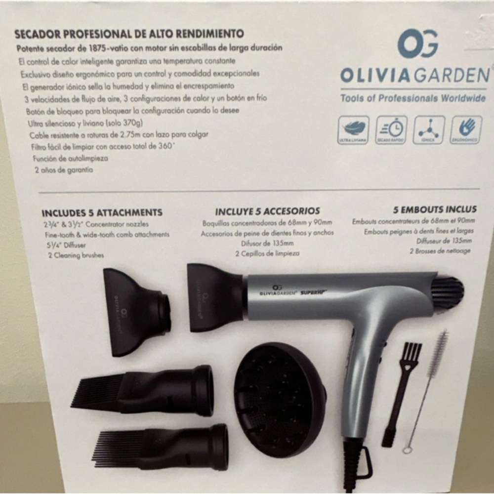 OLIVIA GARDEN SUPERHP Professional Hair Dryer1875W ionic Silver and Black difuse